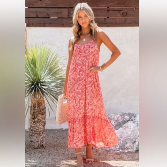 Vici Rafferty Palm Red One Tier Spaghetti Strap Dress Size Medium - Picture 1 of 8